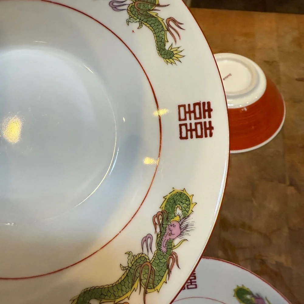 Vintage Chinese Ceramic Ramen Soup Bowls Hand Painted Dragon Dishes Japan